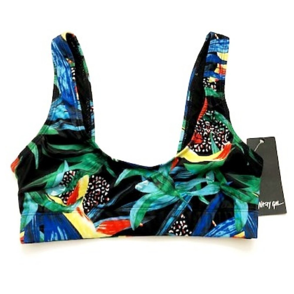 nasty Gal Basic 90's Print Crop Bikini Top Black Tropical